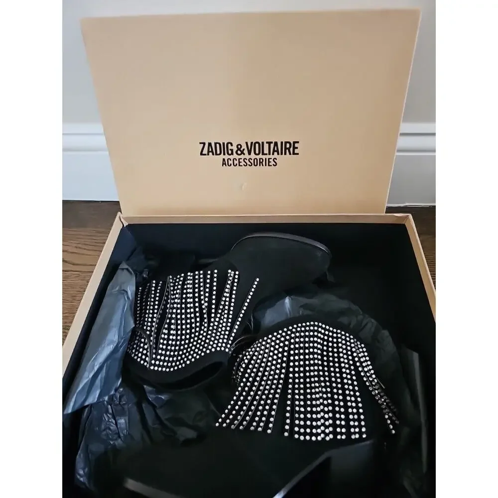 Zadig & Voltaire Molly Strass Crystal Fringe Ankle Boots Black Suede $568, Sz 36